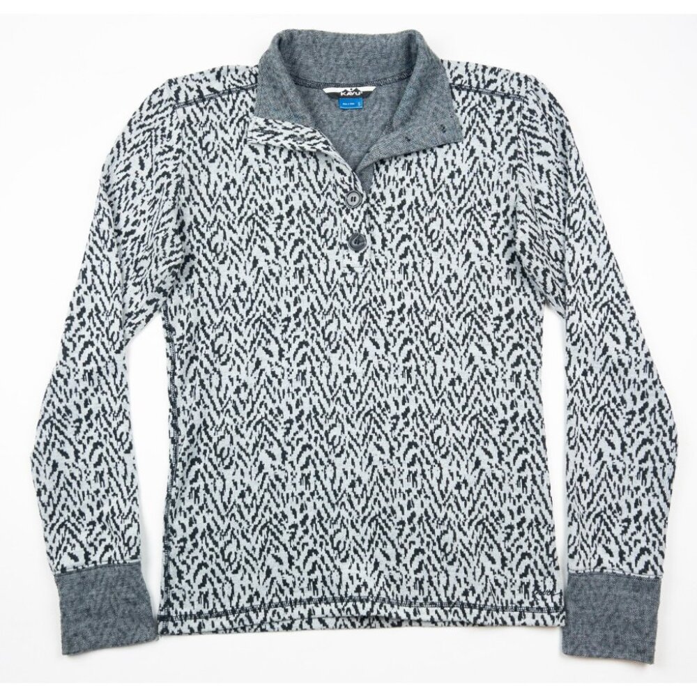KAVU Sweater Women's Small Gray White Pullover Geometric Animal Print Thumbholes